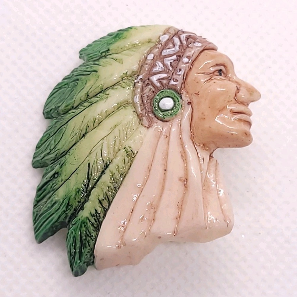 Vintage Native American Chief Brooch Green Feather Headdress Western Figural Pin